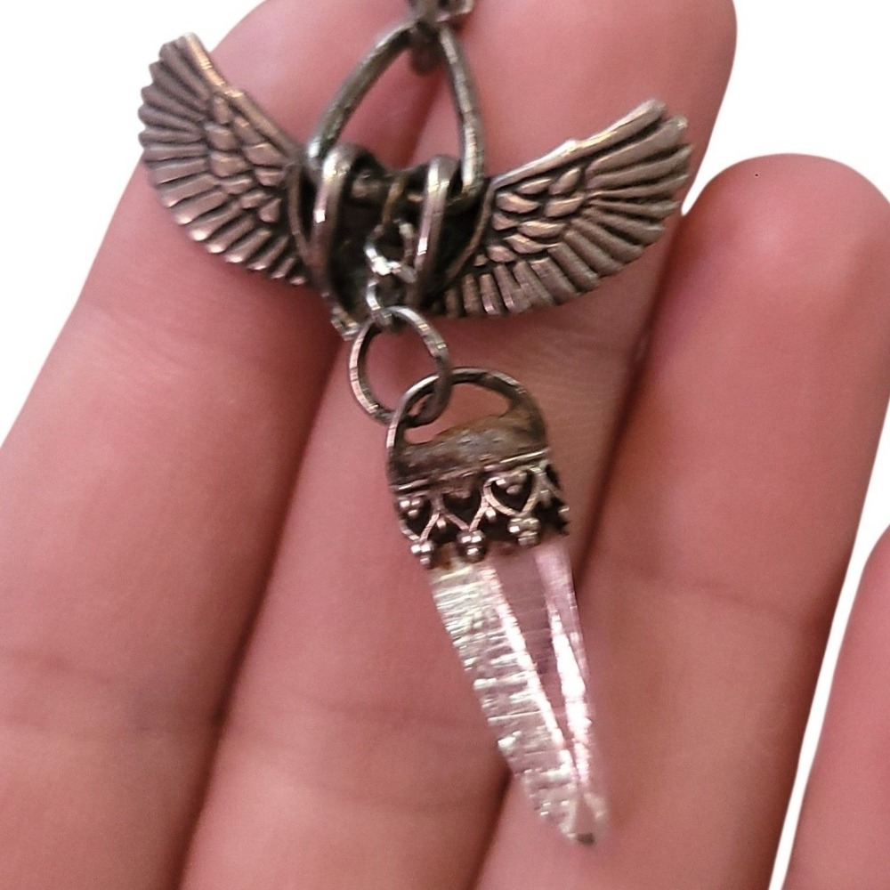 Silver Winged Heart Crystal Point Pendant Necklace Gothic Whimsigoth Jewelry Vtg